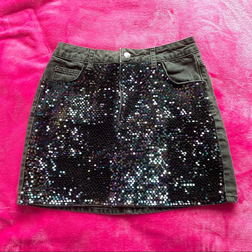 Topshop Black Sequin Denim Skirt